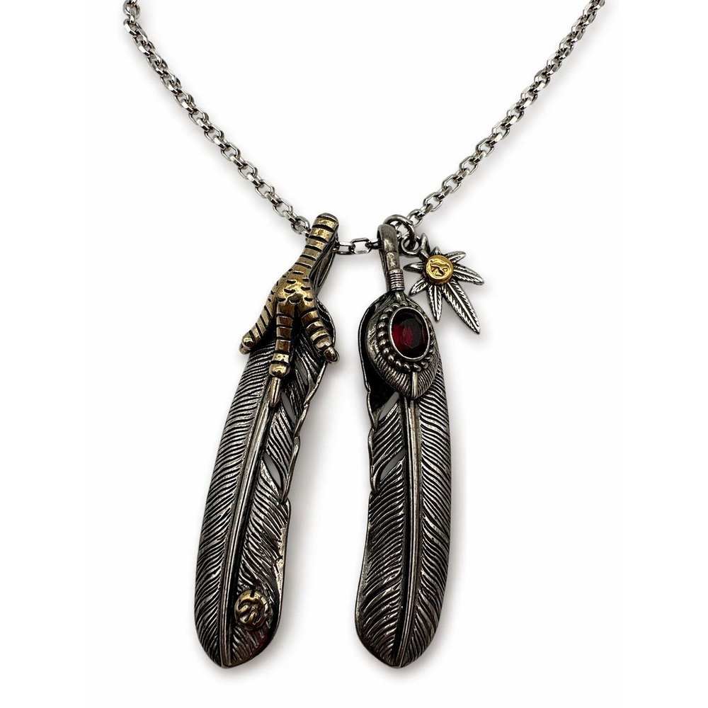 Sterling Silver S925 Feather‎ Pendant Necklace Double Feather Red Stone Necklace